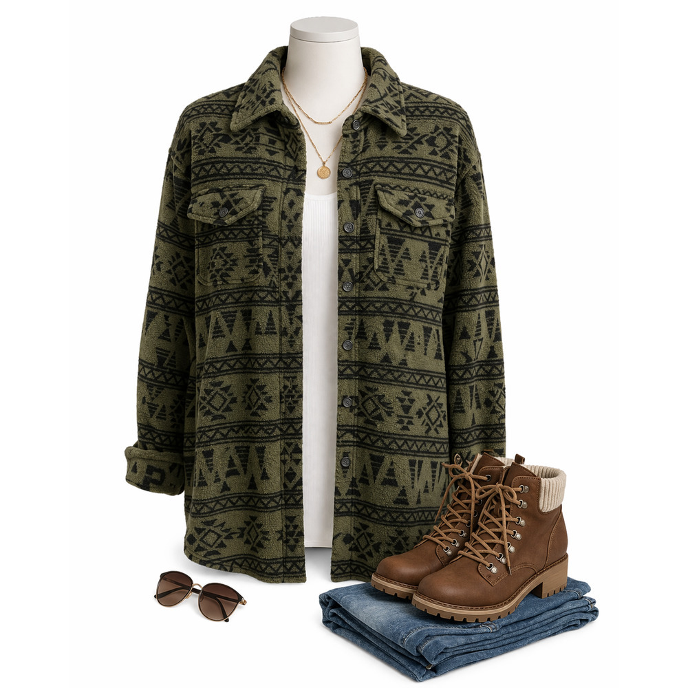 Hawke & Co Outfitter Green Aztec Print Fleece Jacket Size Women's Large